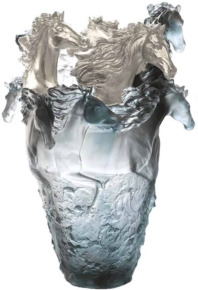 Daum Crystal Blue Horse Magnum Vase, 3 Silvered Heads 