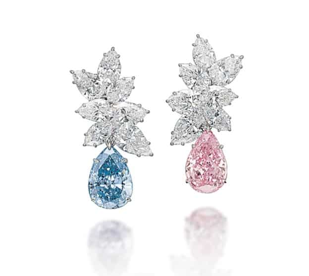 A Pair of Colored Diamond and Diamond Ear Pendants