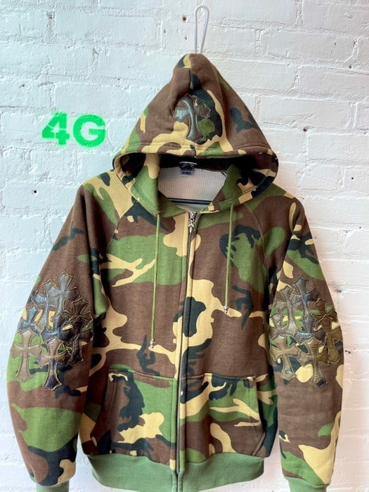 Camo Leather Patch Hoodie Jacket