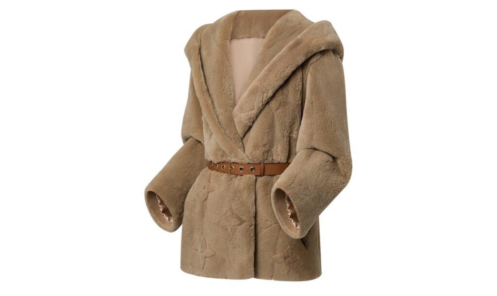 Mink Intarsia Short Hooded Wrap Coat