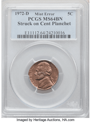 1972-D 5C Jefferson Nickel Struck on Cent Planchet MS64 Brown PCGS