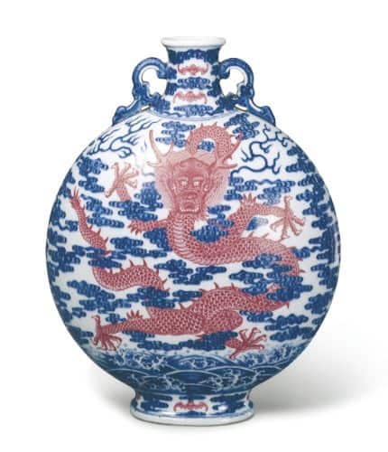 White Porcelain Moonflask in Pink and Blue Enamel