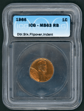 1966 penny with a double-struck flip over indentation