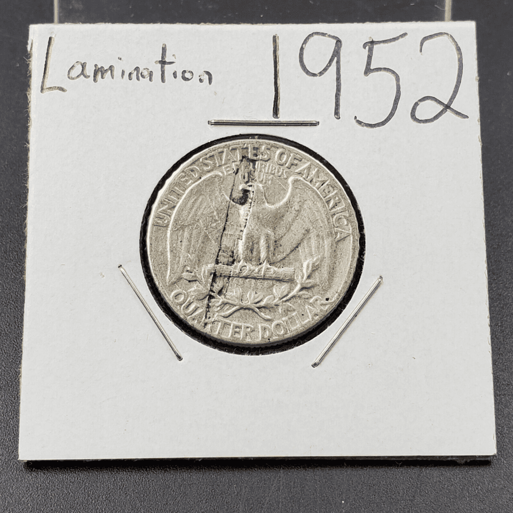 1952 silver quarter coin lamination error