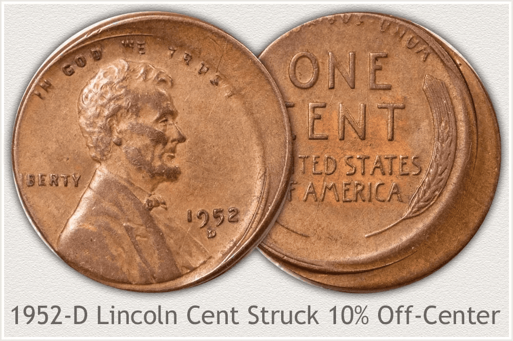 1952 wheat penny with an off-center strike error