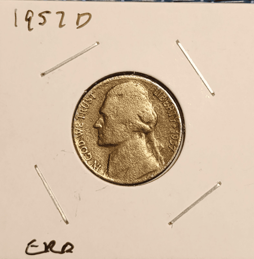 1957 Jefferson nickel worn die error