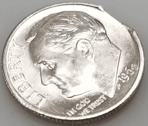 1960 Roosevelt dime curved clipped planchet error