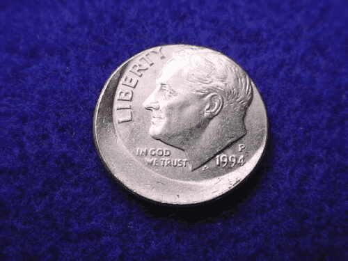 1994 Roosevelt Dime off-center strike