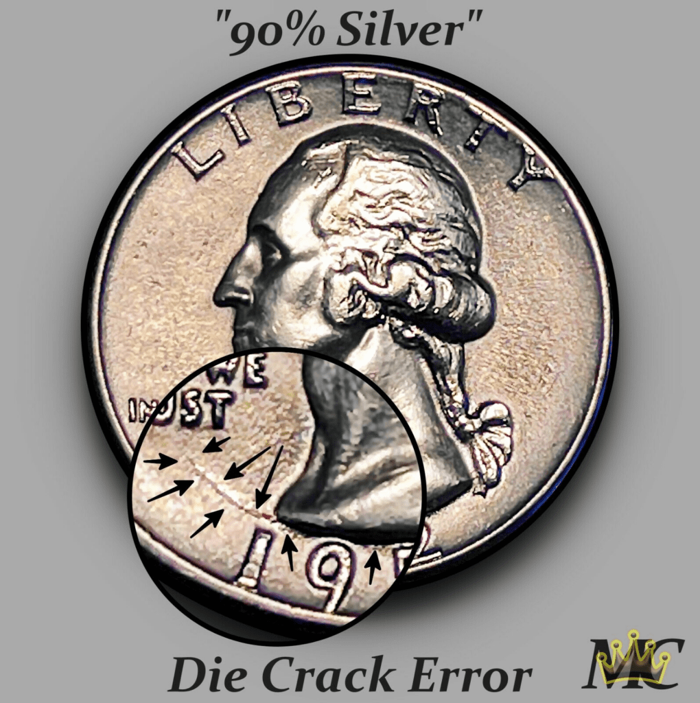 die crack error on a 1952 silver quarter coin